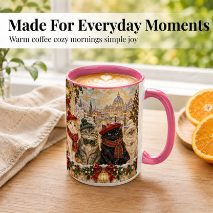 #pl[15oz|Pink] Stained Glass Cats Coffee Mug, Christmas Cat Mug, Ceramic Cup