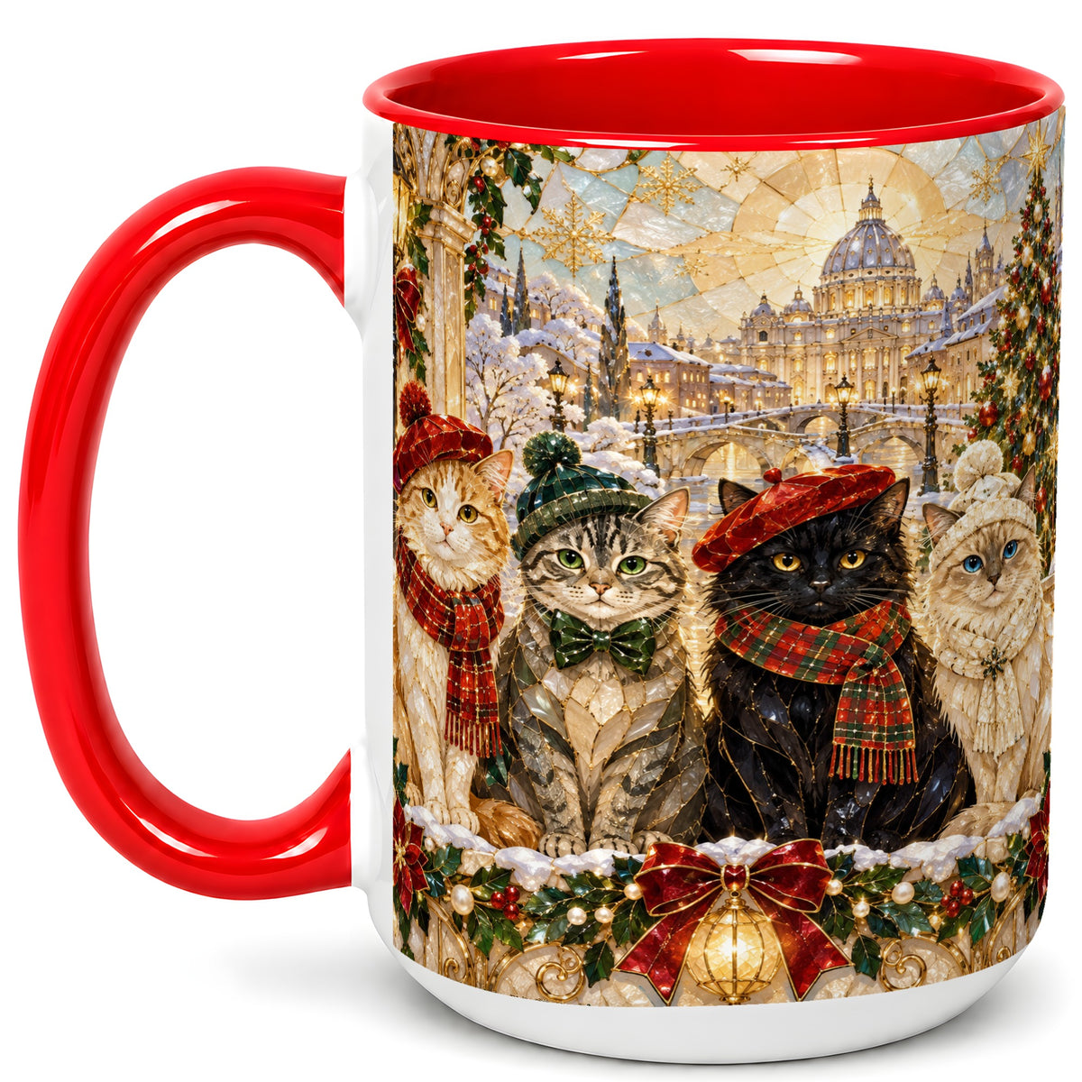 #pl[15oz|Red] Stained Glass Cats Coffee Mug, Christmas Cat Mug, Ceramic Cup