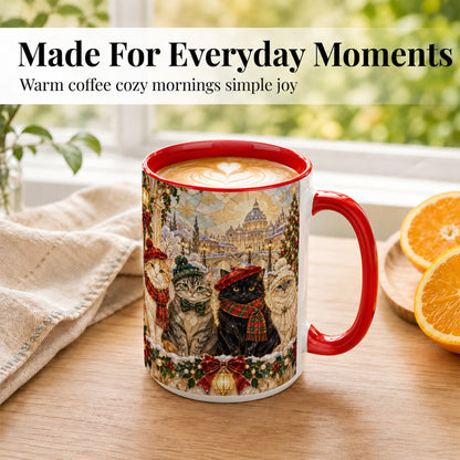 #pl[15oz|Red] Stained Glass Cats Coffee Mug, Christmas Cat Mug, Ceramic Cup
