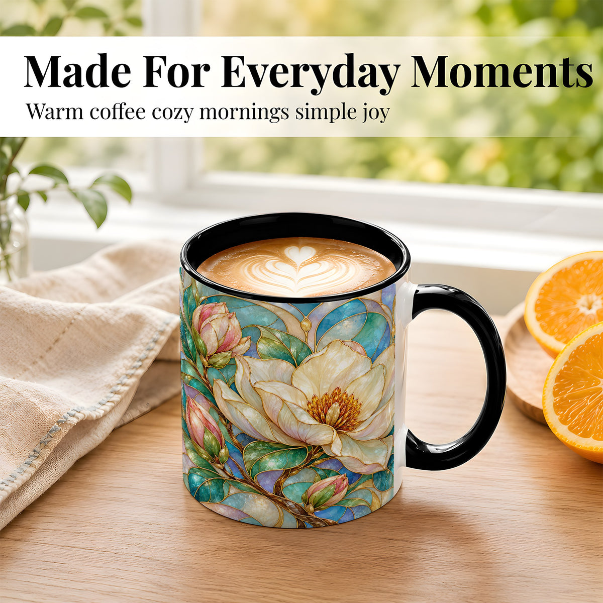 #pl[11oz|Black] Jeweled Floral Coffee Mug, Botanical Bloom Mug, Ceramic Cup