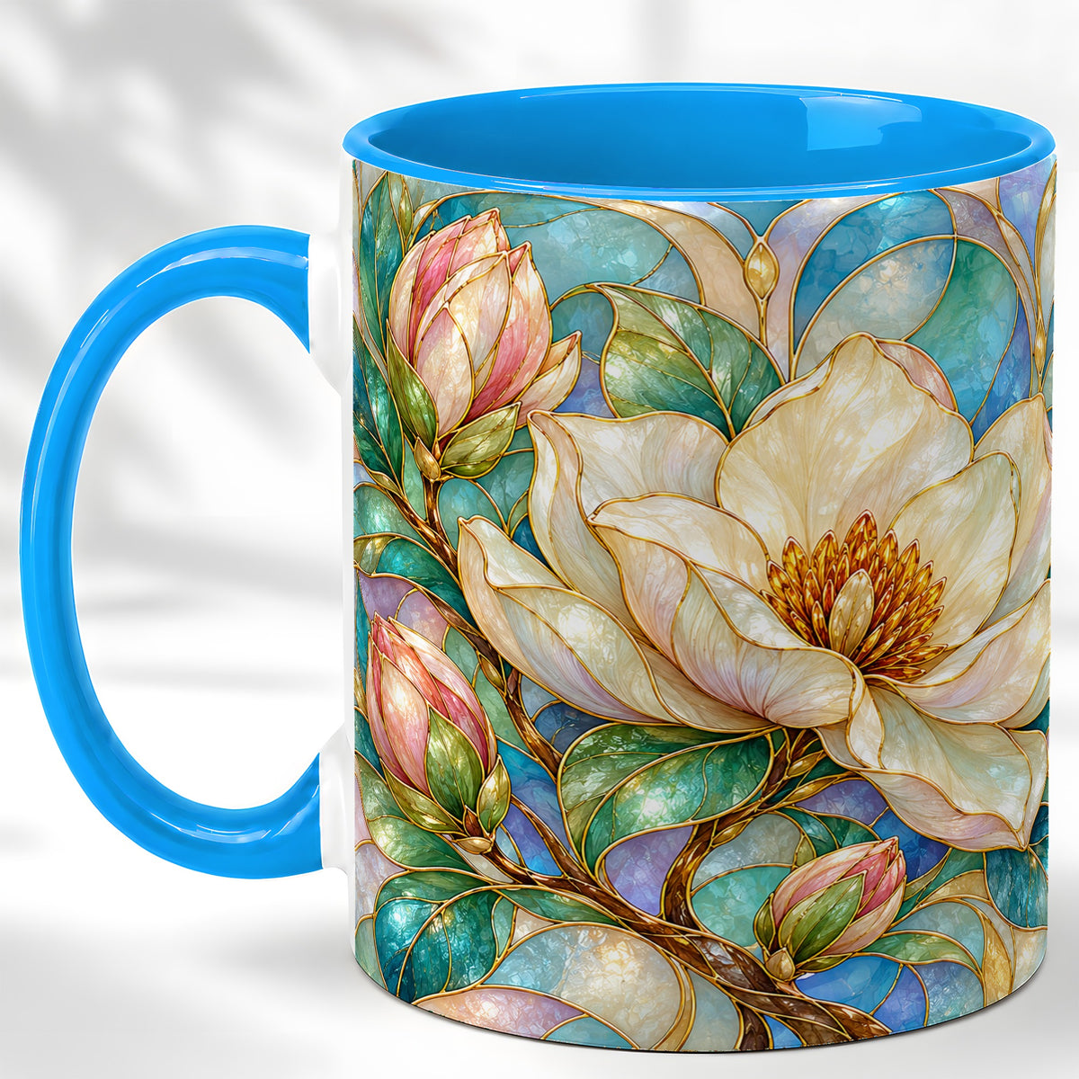 #pl[11oz|Blue] Jeweled Floral Coffee Mug, Botanical Bloom Mug, Ceramic Cup