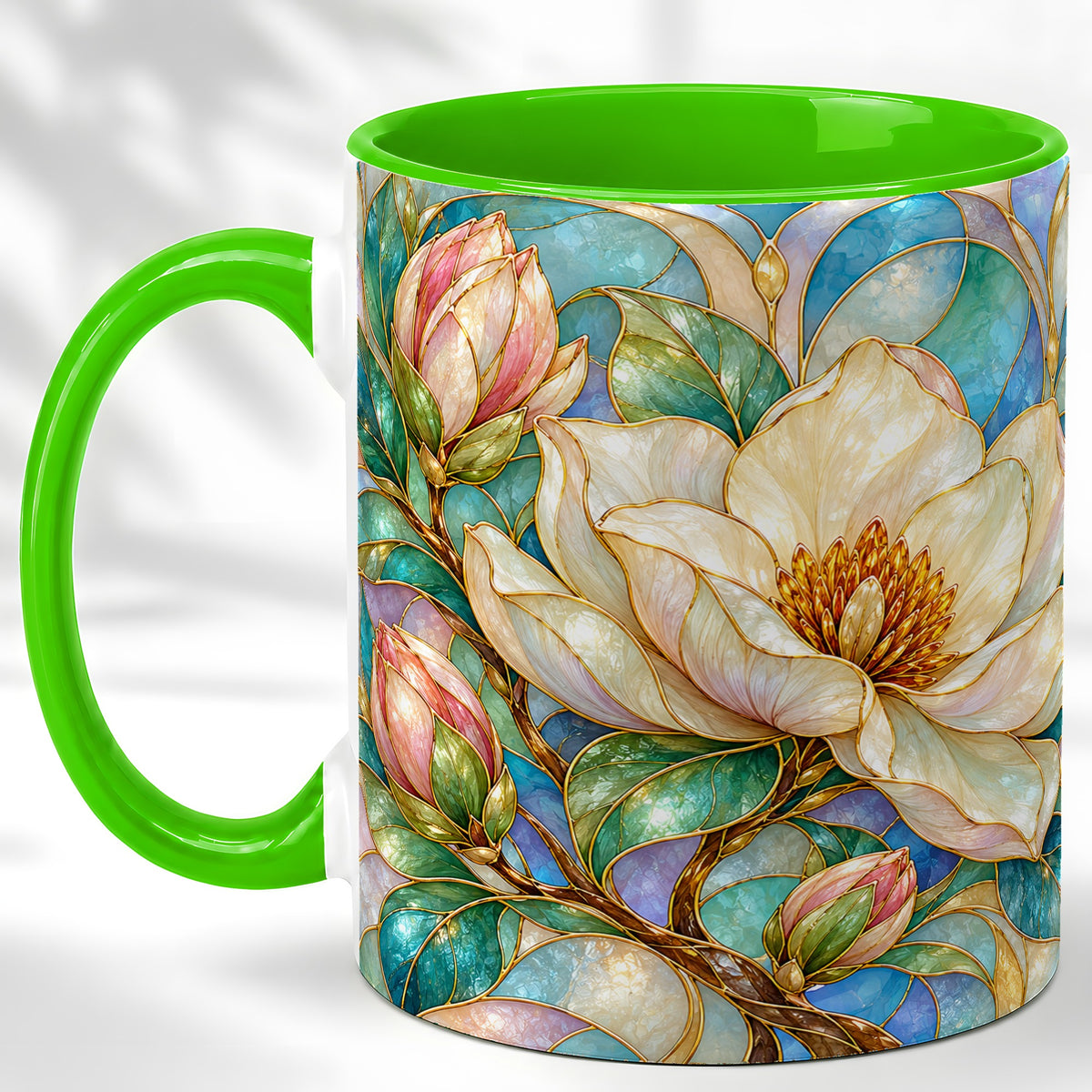 #pl[11oz|Green] Jeweled Floral Coffee Mug, Botanical Bloom Mug, Ceramic Cup