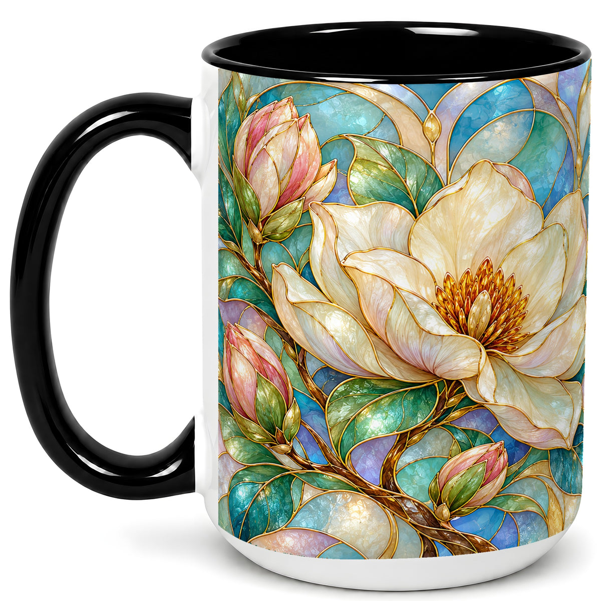 #pl[15oz|Black] Jeweled Floral Coffee Mug, Botanical Bloom Mug, Ceramic Cup