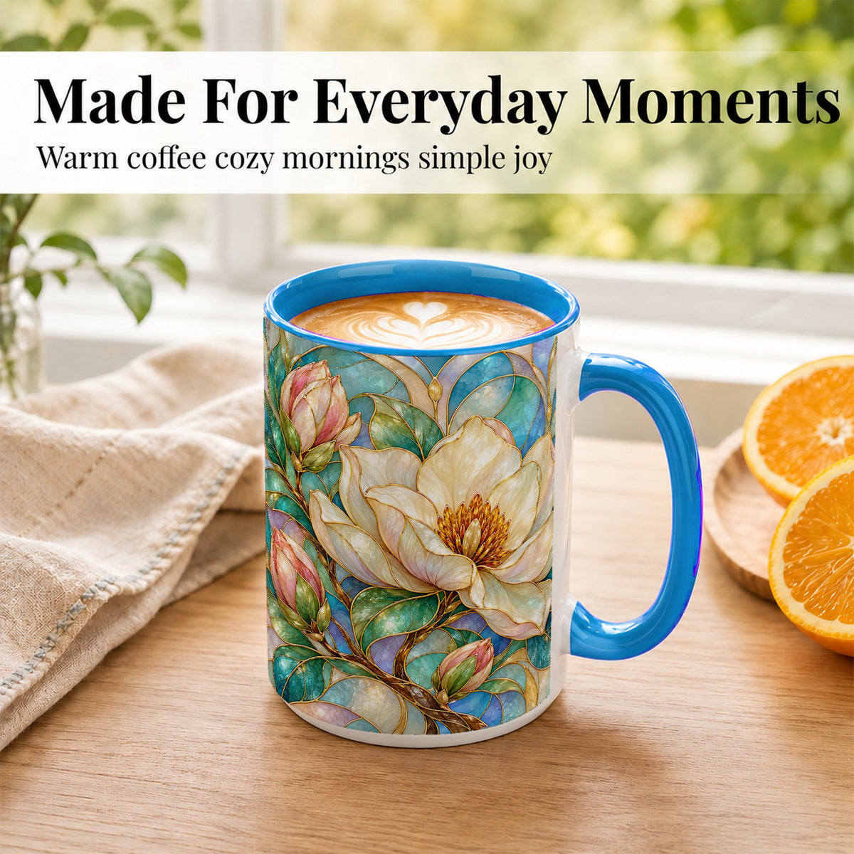 #pl[15oz|Blue] Jeweled Floral Coffee Mug, Botanical Bloom Mug, Ceramic Cup