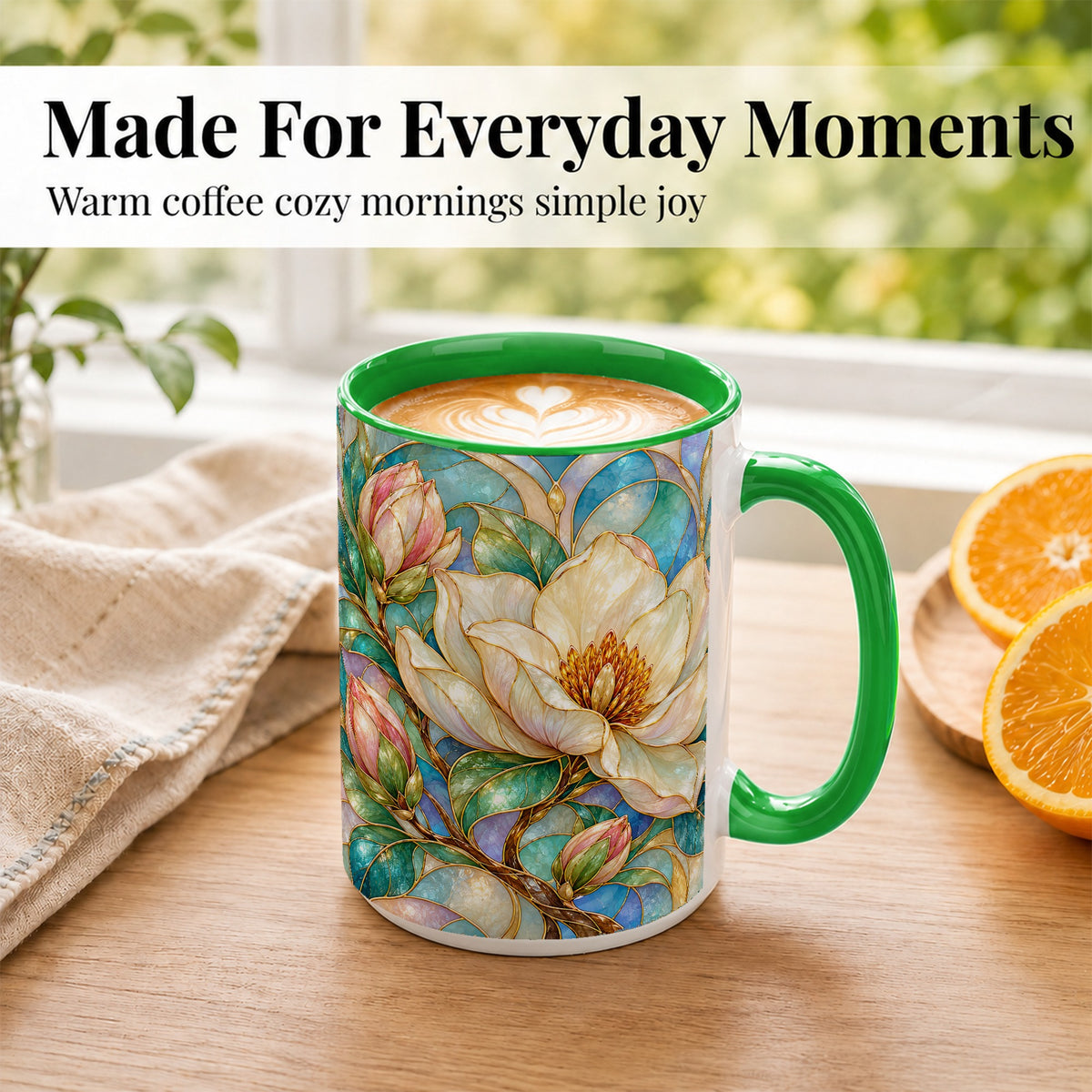 #pl[15oz|Green] Jeweled Floral Coffee Mug, Botanical Bloom Mug, Ceramic Cup