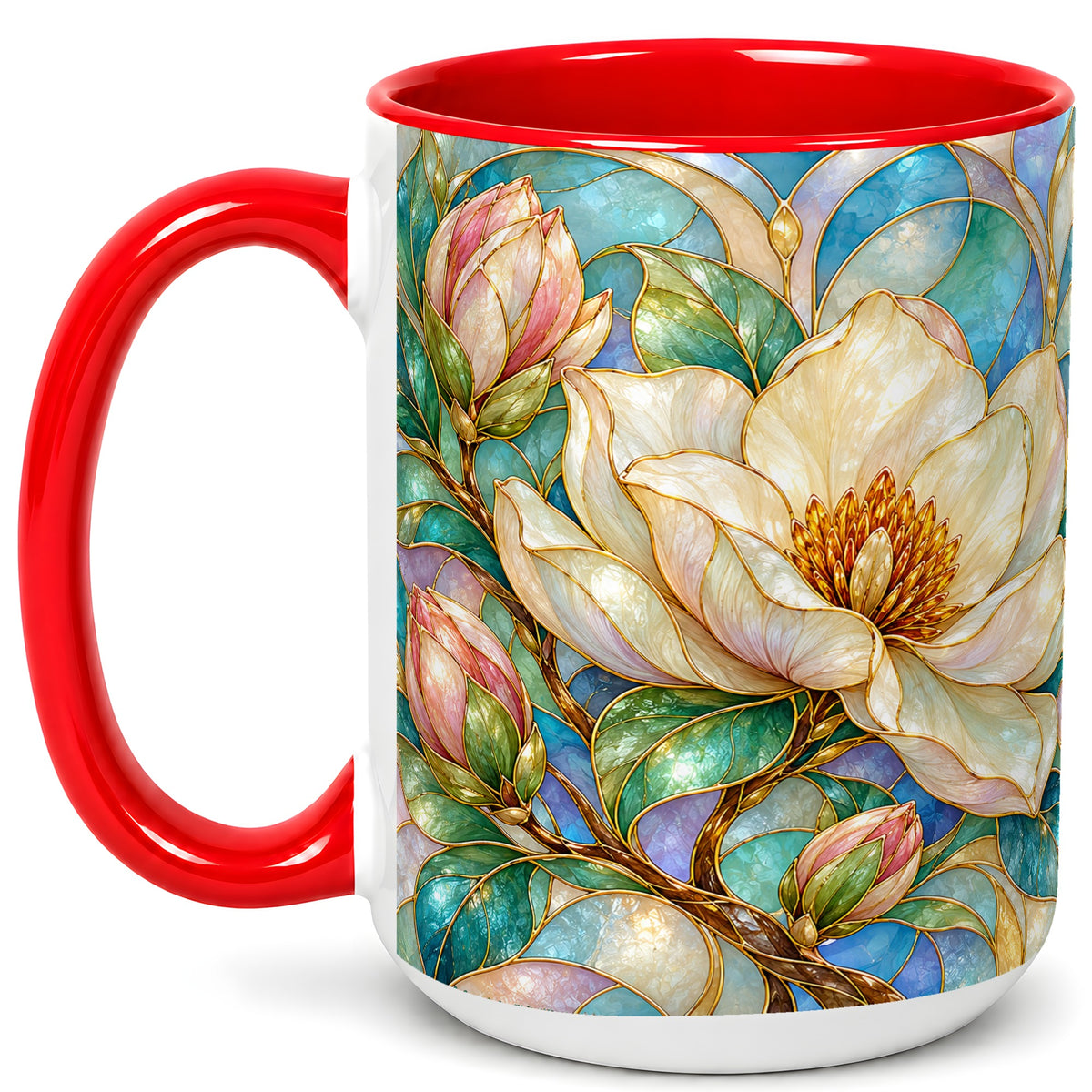 #pl[15oz|Red] Jeweled Floral Coffee Mug, Botanical Bloom Mug, Ceramic Cup