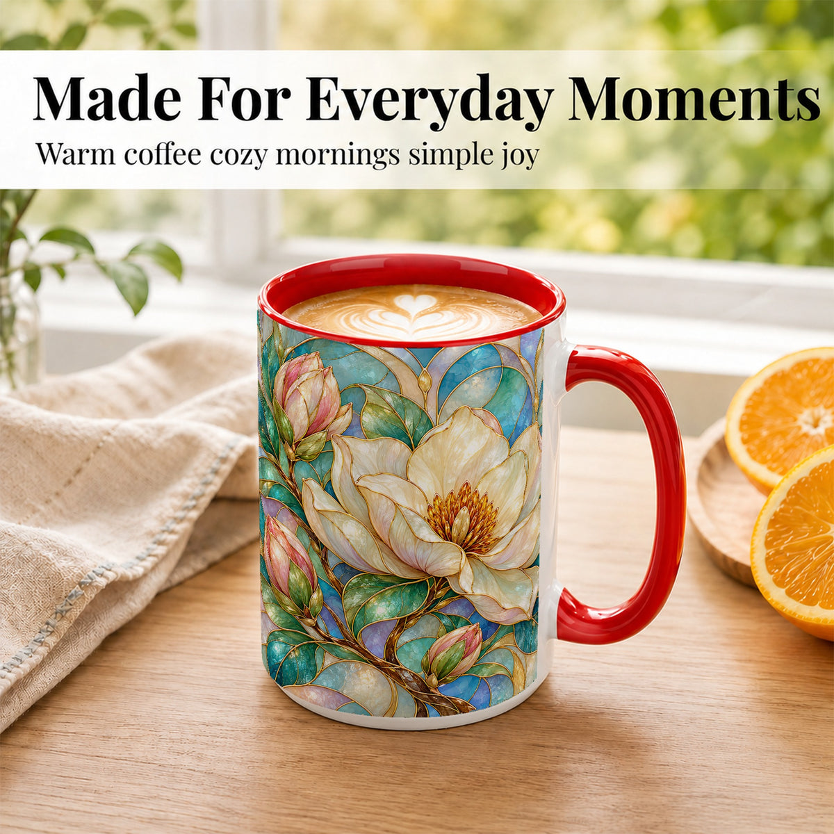 #pl[15oz|Red] Jeweled Floral Coffee Mug, Botanical Bloom Mug, Ceramic Cup