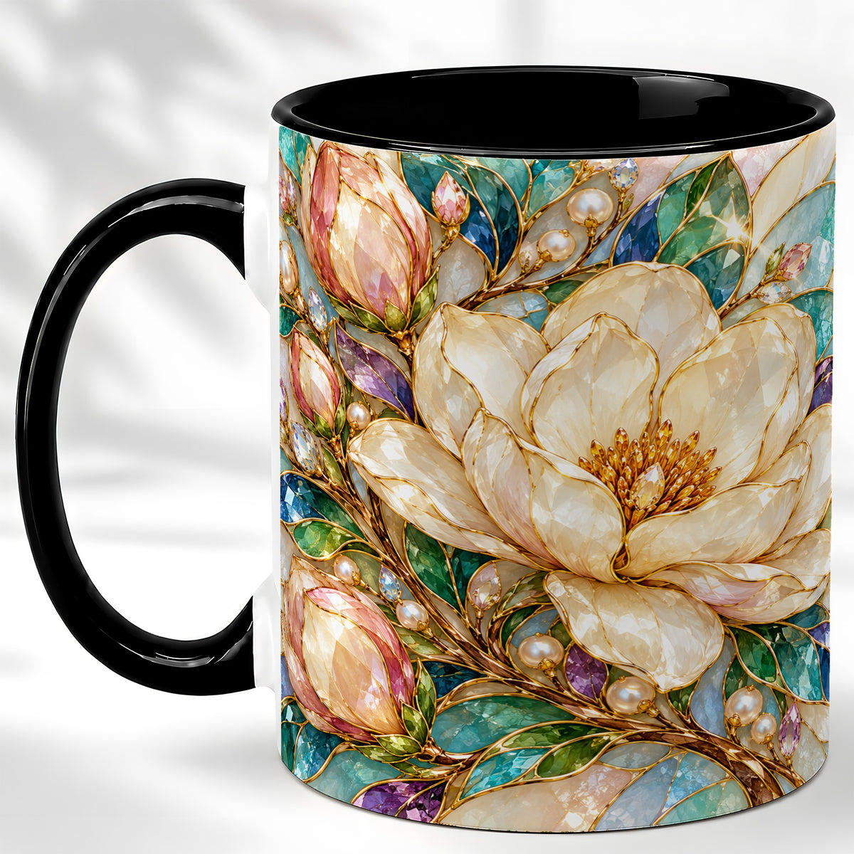 #pl[11oz|Black] Pearl Floral Coffee Mug, Jeweled Blossom Mug, Ceramic Cup