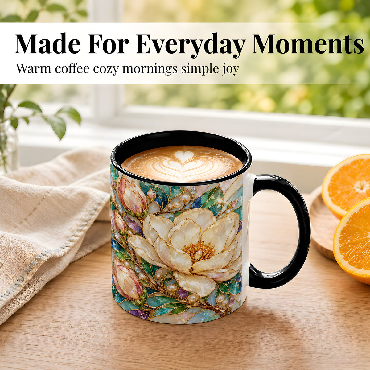#pl[11oz|Black] Pearl Floral Coffee Mug, Jeweled Blossom Mug, Ceramic Cup