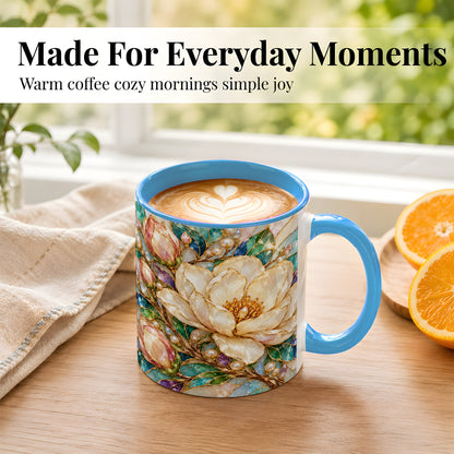 #pl[11oz|Blue] Pearl Floral Coffee Mug, Jeweled Blossom Mug, Ceramic Cup