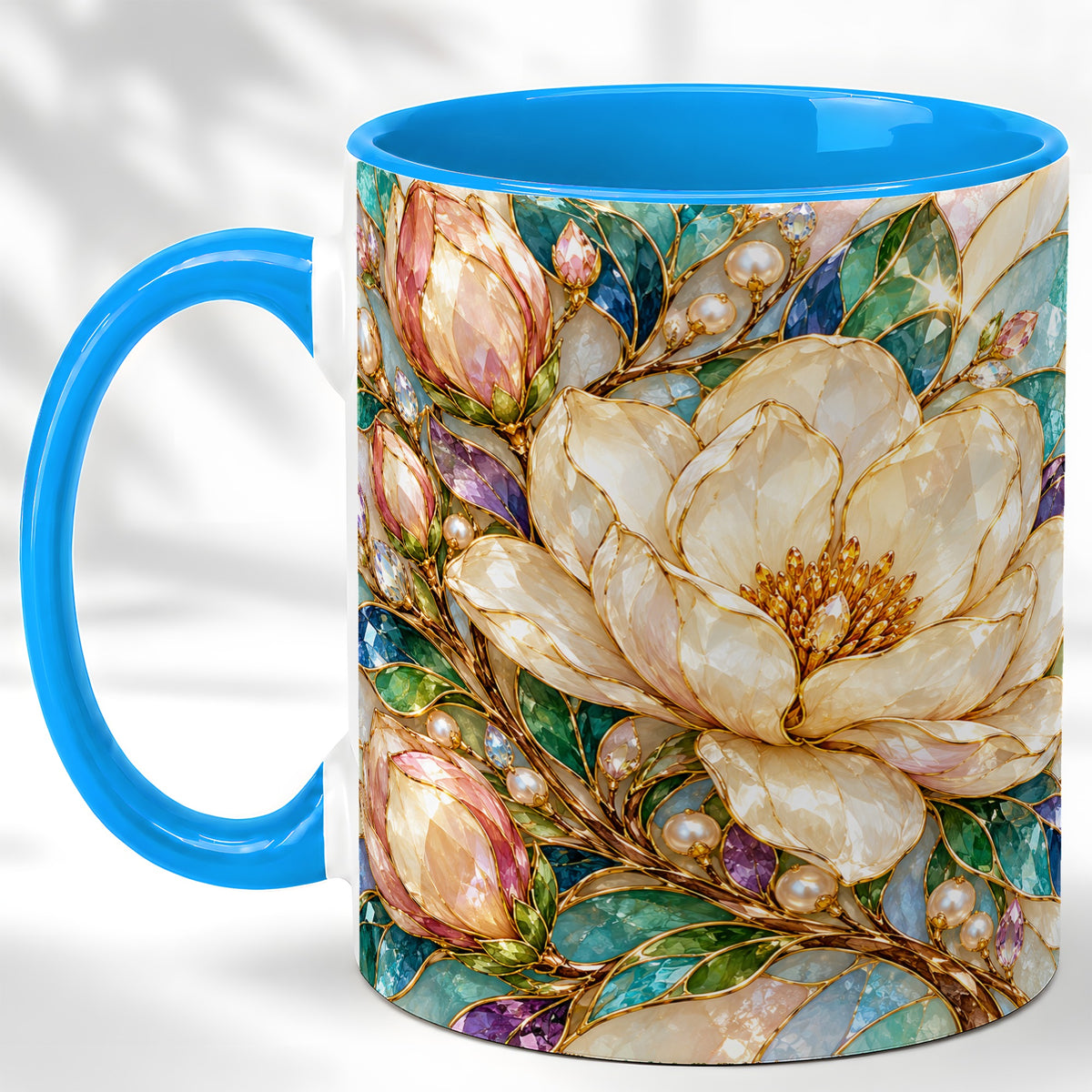 #pl[11oz|Blue] Pearl Floral Coffee Mug, Jeweled Blossom Mug, Ceramic Cup
