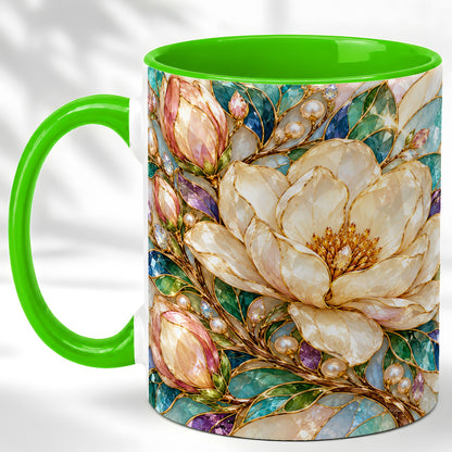 #pl[11oz|Green] Pearl Floral Coffee Mug, Jeweled Blossom Mug, Ceramic Cup