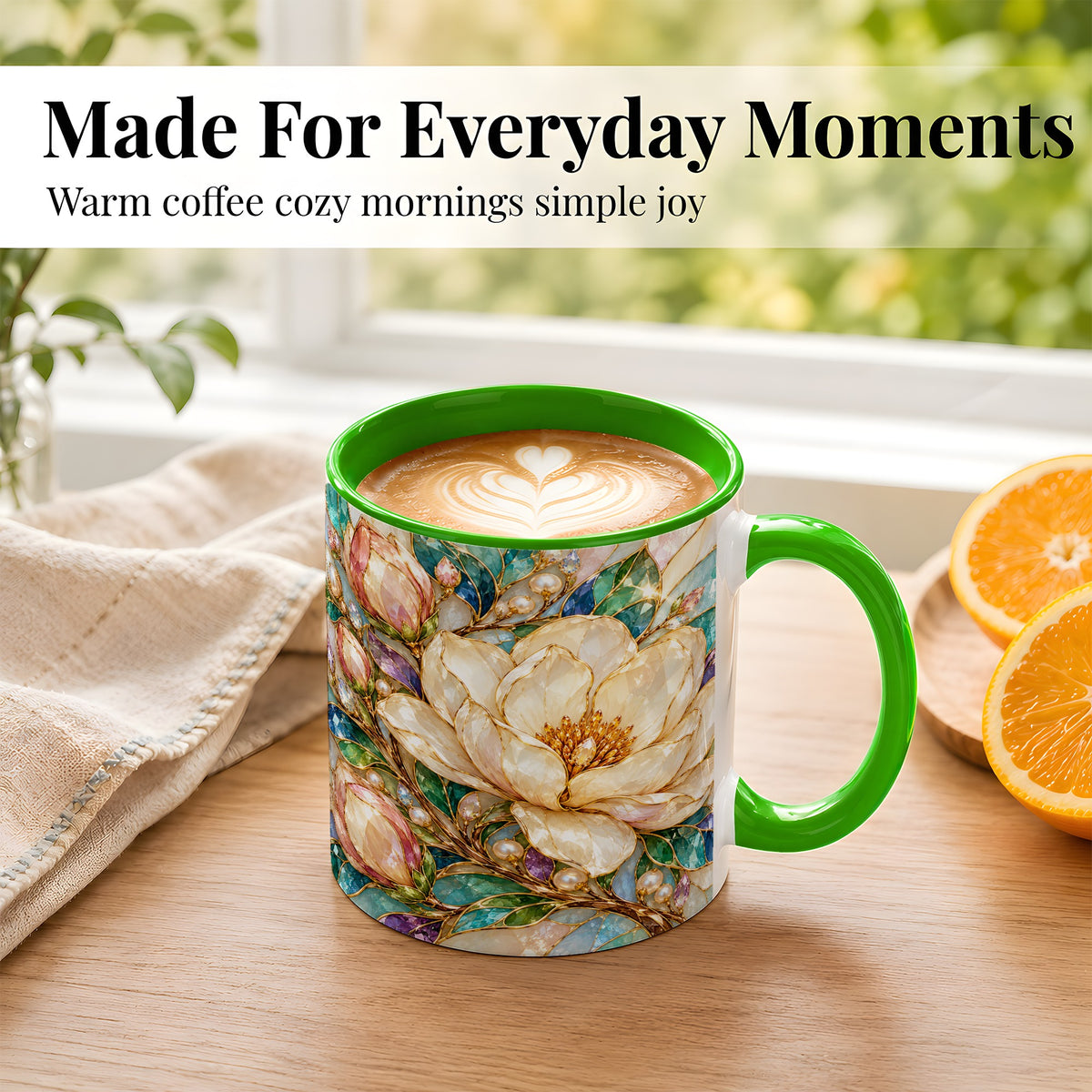 #pl[11oz|Green] Pearl Floral Coffee Mug, Jeweled Blossom Mug, Ceramic Cup
