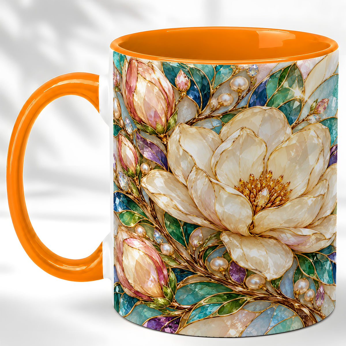 #pl[11oz|Orange] Pearl Floral Coffee Mug, Jeweled Blossom Mug, Ceramic Cup