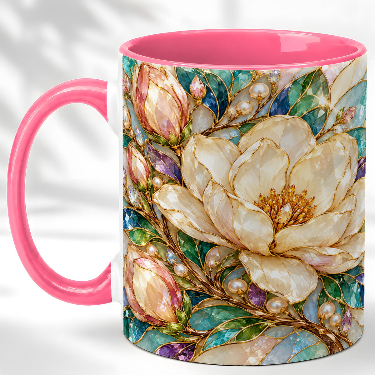 #pl[11oz|Pink] Pearl Floral Coffee Mug, Jeweled Blossom Mug, Ceramic Cup