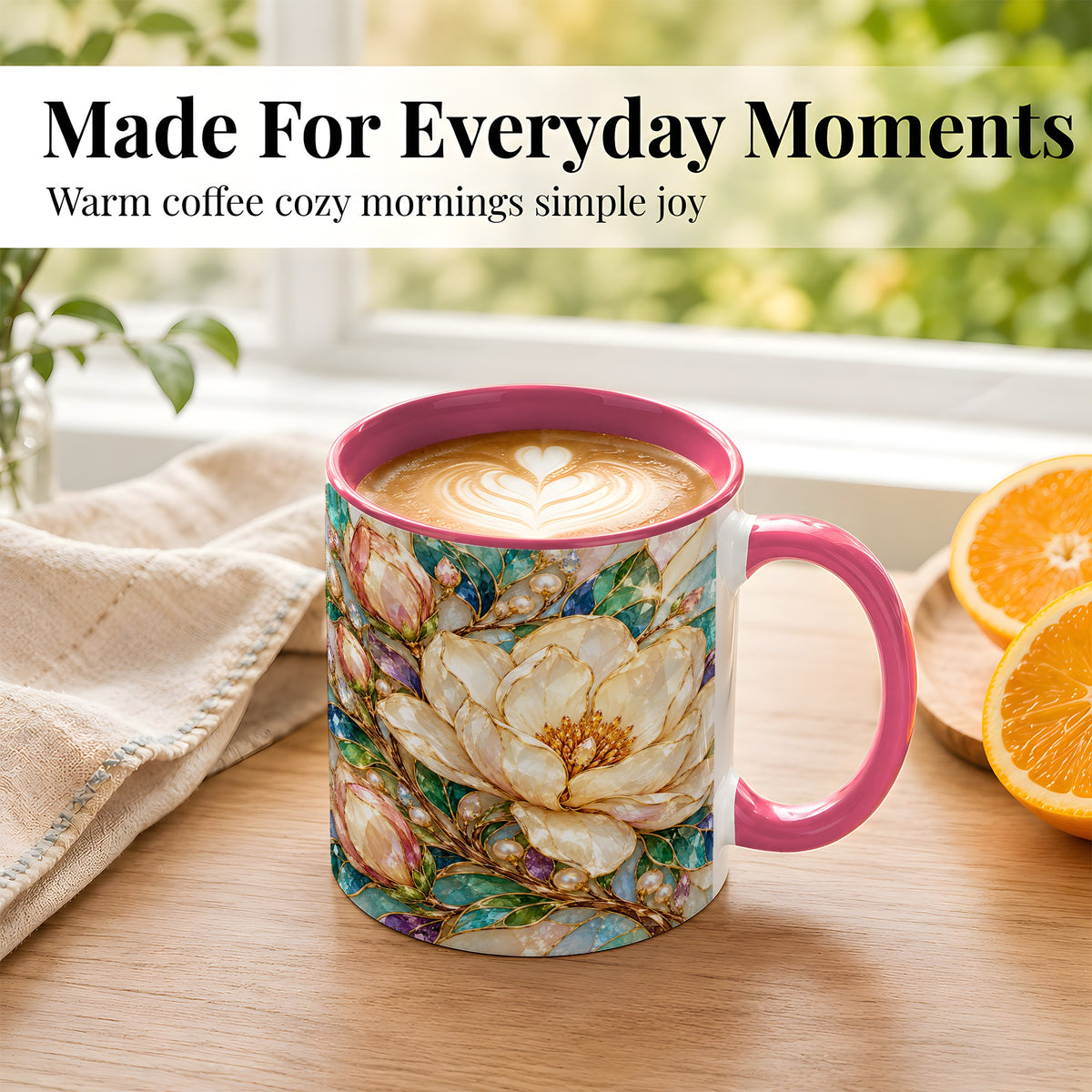 #pl[11oz|Pink] Pearl Floral Coffee Mug, Jeweled Blossom Mug, Ceramic Cup