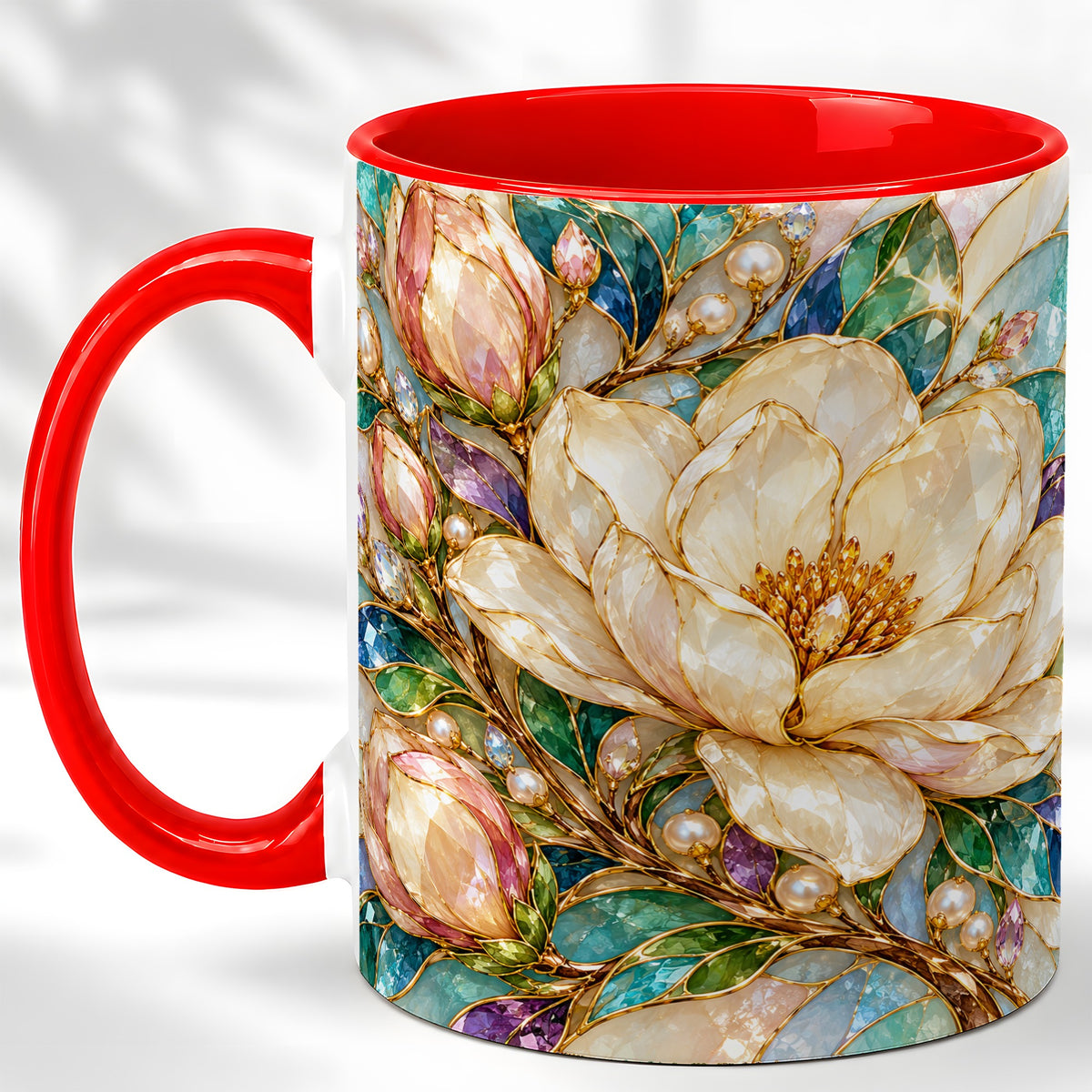 Pearl Floral Coffee Mug, Jeweled Blossom Mug, Ceramic Cup