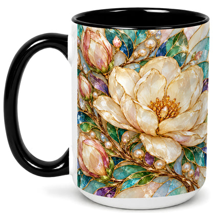 #pl[15oz|Black] Pearl Floral Coffee Mug, Jeweled Blossom Mug, Ceramic Cup