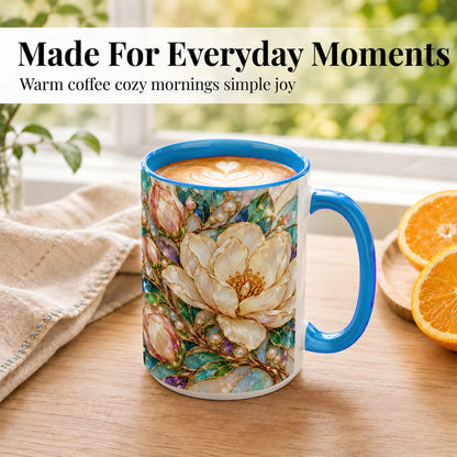 #pl[15oz|Blue] Pearl Floral Coffee Mug, Jeweled Blossom Mug, Ceramic Cup
