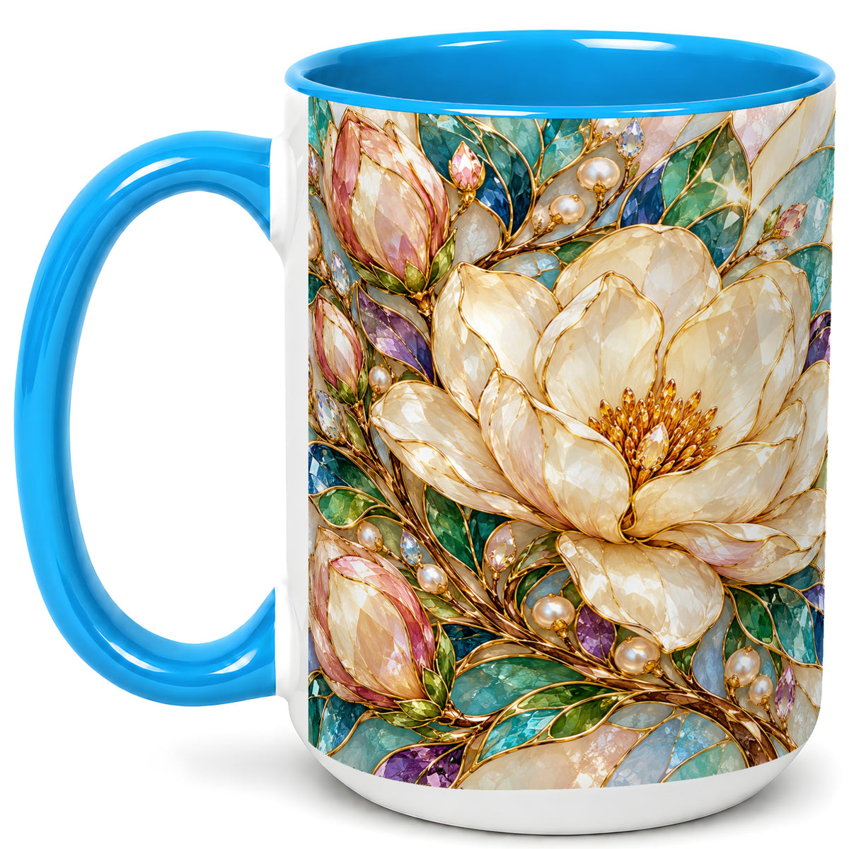 #pl[15oz|Blue] Pearl Floral Coffee Mug, Jeweled Blossom Mug, Ceramic Cup