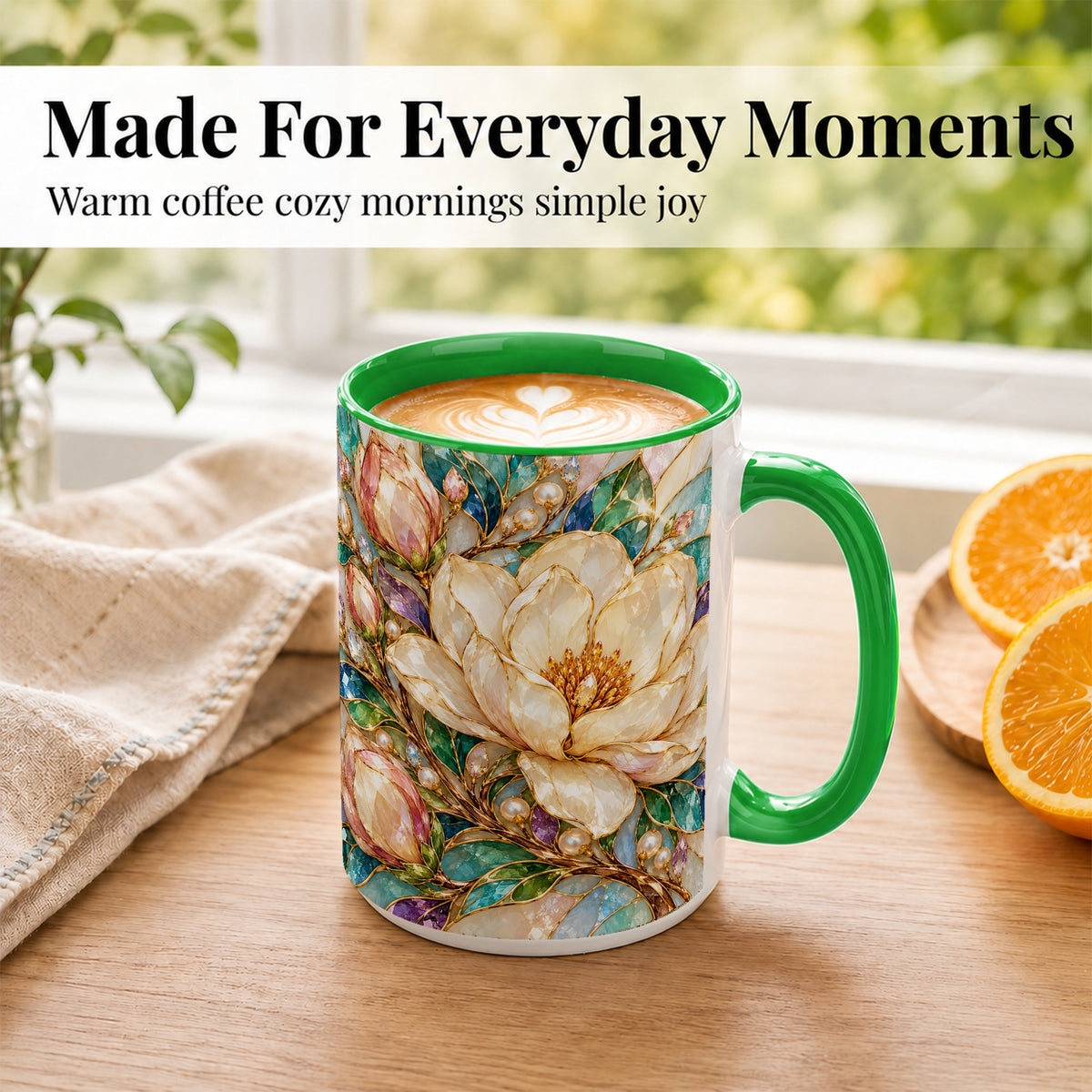 #pl[15oz|Green] Pearl Floral Coffee Mug, Jeweled Blossom Mug, Ceramic Cup