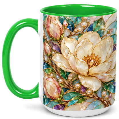#pl[15oz|Green] Pearl Floral Coffee Mug, Jeweled Blossom Mug, Ceramic Cup