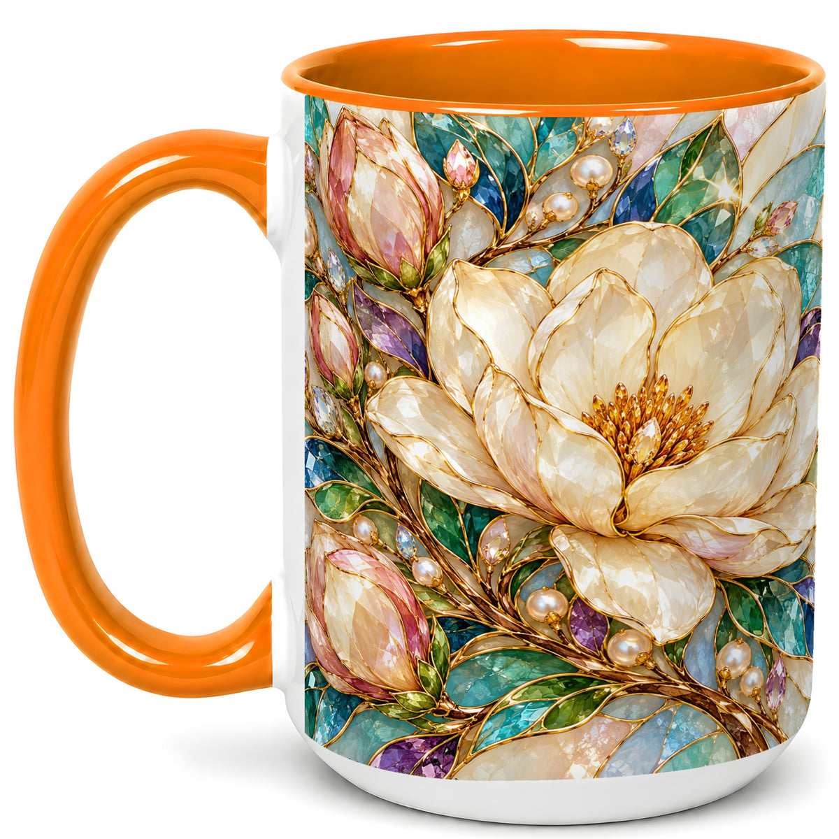 #pl[15oz|Orange] Pearl Floral Coffee Mug, Jeweled Blossom Mug, Ceramic Cup