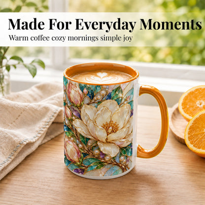 #pl[15oz|Orange] Pearl Floral Coffee Mug, Jeweled Blossom Mug, Ceramic Cup