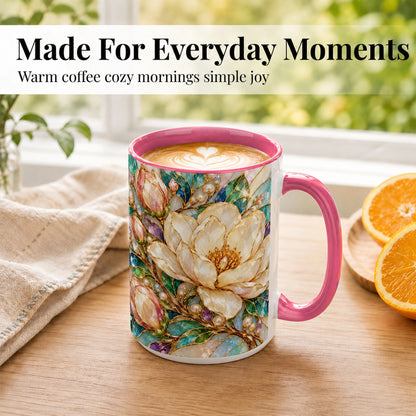 #pl[15oz|Pink] Pearl Floral Coffee Mug, Jeweled Blossom Mug, Ceramic Cup