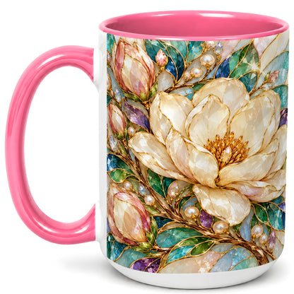 #pl[15oz|Pink] Pearl Floral Coffee Mug, Jeweled Blossom Mug, Ceramic Cup
