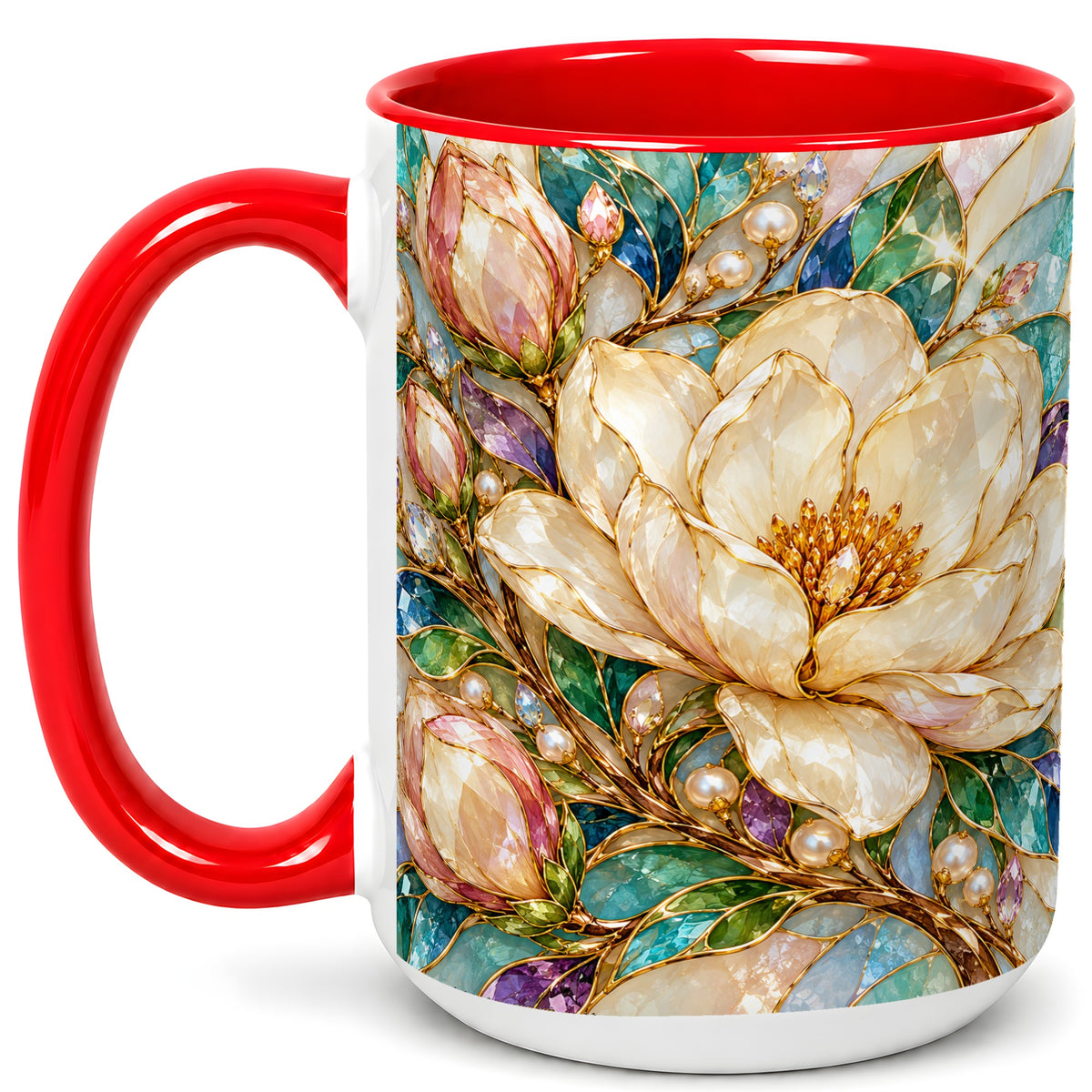 #pl[15oz|Red] Pearl Floral Coffee Mug, Jeweled Blossom Mug, Ceramic Cup