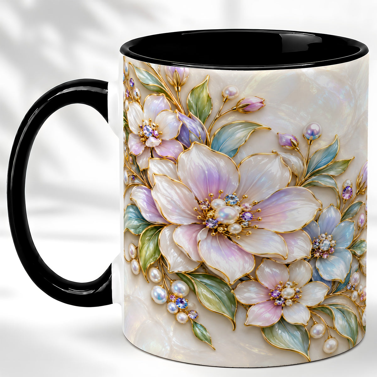 #pl[11oz|Black] Pastel Floral Coffee Mug, Pearl Blossom Mug, Ceramic Cup