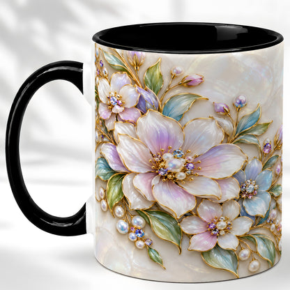 #pl[11oz|Black] Pastel Floral Coffee Mug, Pearl Blossom Mug, Ceramic Cup