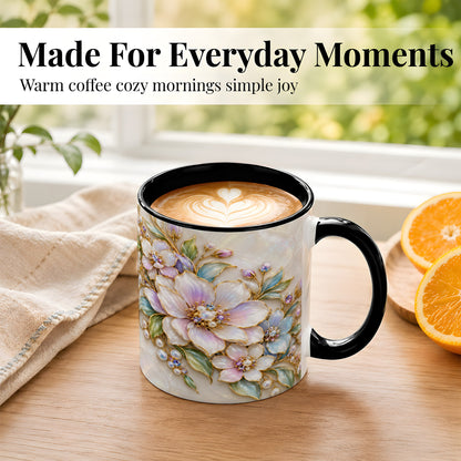 #pl[11oz|Black] Pastel Floral Coffee Mug, Pearl Blossom Mug, Ceramic Cup