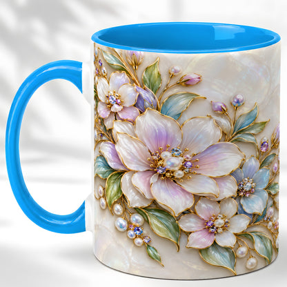 #pl[11oz|Blue] Pastel Floral Coffee Mug, Pearl Blossom Mug, Ceramic Cup