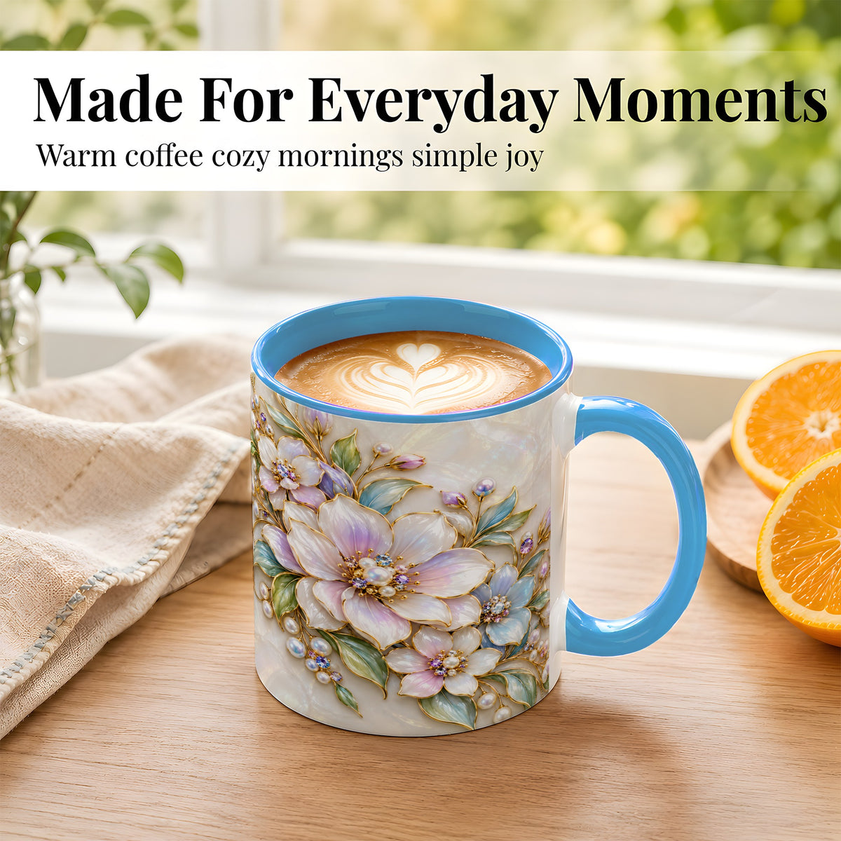 #pl[11oz|Blue] Pastel Floral Coffee Mug, Pearl Blossom Mug, Ceramic Cup