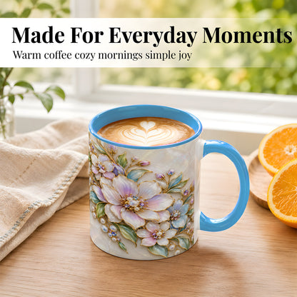 #pl[11oz|Blue] Pastel Floral Coffee Mug, Pearl Blossom Mug, Ceramic Cup