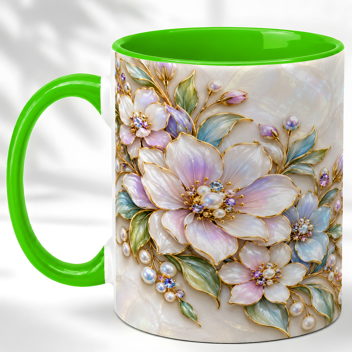 #pl[11oz|Green] Pastel Floral Coffee Mug, Pearl Blossom Mug, Ceramic Cup