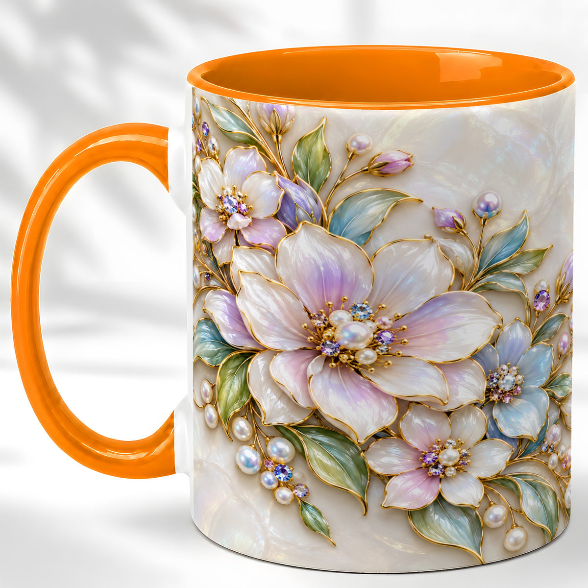 #pl[11oz|Orange] Pastel Floral Coffee Mug, Pearl Blossom Mug, Ceramic Cup