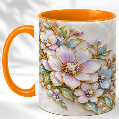 #pl[11oz|Orange] Pastel Floral Coffee Mug, Pearl Blossom Mug, Ceramic Cup