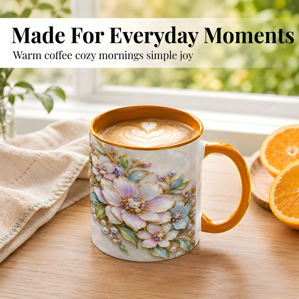 #pl[11oz|Orange] Pastel Floral Coffee Mug, Pearl Blossom Mug, Ceramic Cup