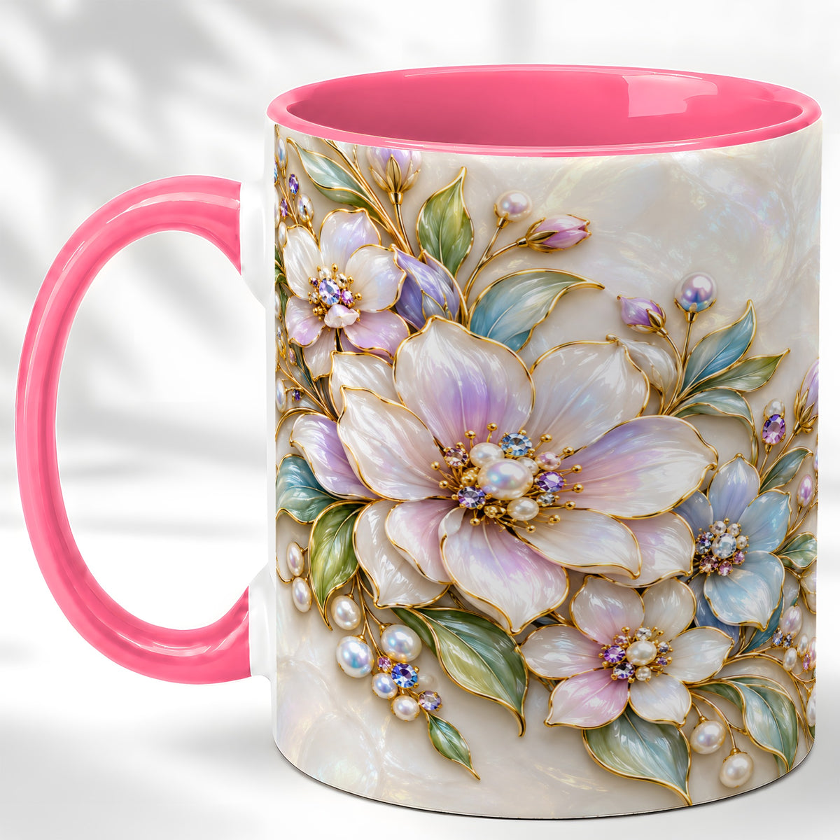 #pl[11oz|Pink] Pastel Floral Coffee Mug, Pearl Blossom Mug, Ceramic Cup