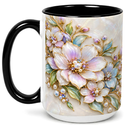 #pl[15oz|Black] Pastel Floral Coffee Mug, Pearl Blossom Mug, Ceramic Cup