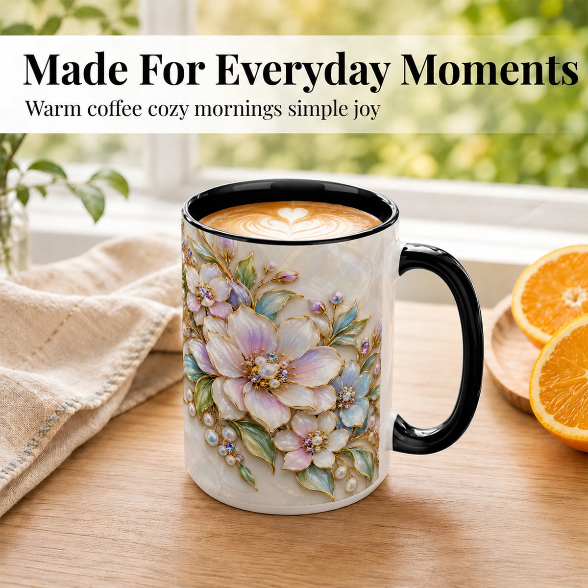 #pl[15oz|Black] Pastel Floral Coffee Mug, Pearl Blossom Mug, Ceramic Cup