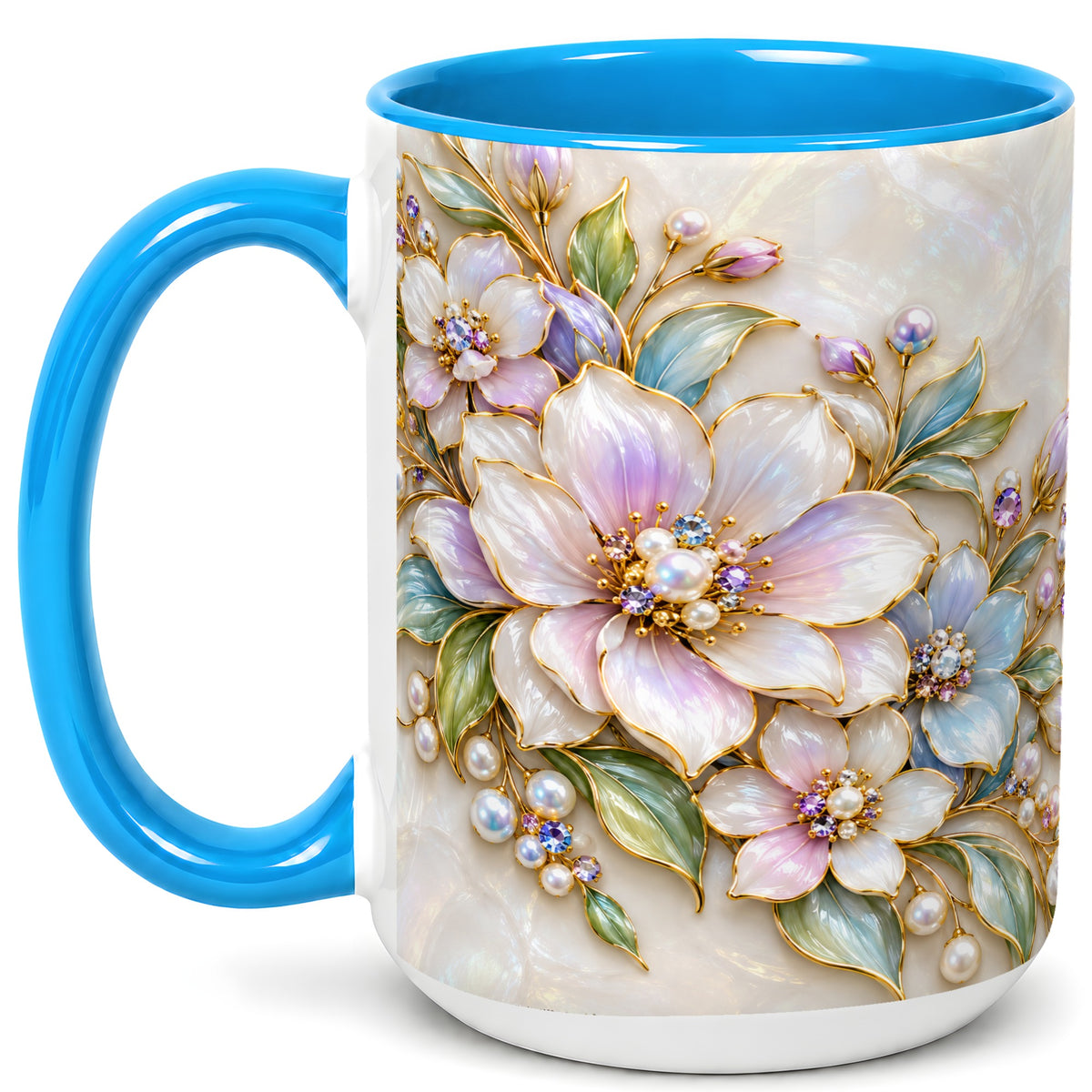 #pl[15oz|Blue] Pastel Floral Coffee Mug, Pearl Blossom Mug, Ceramic Cup