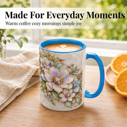 #pl[15oz|Blue] Pastel Floral Coffee Mug, Pearl Blossom Mug, Ceramic Cup