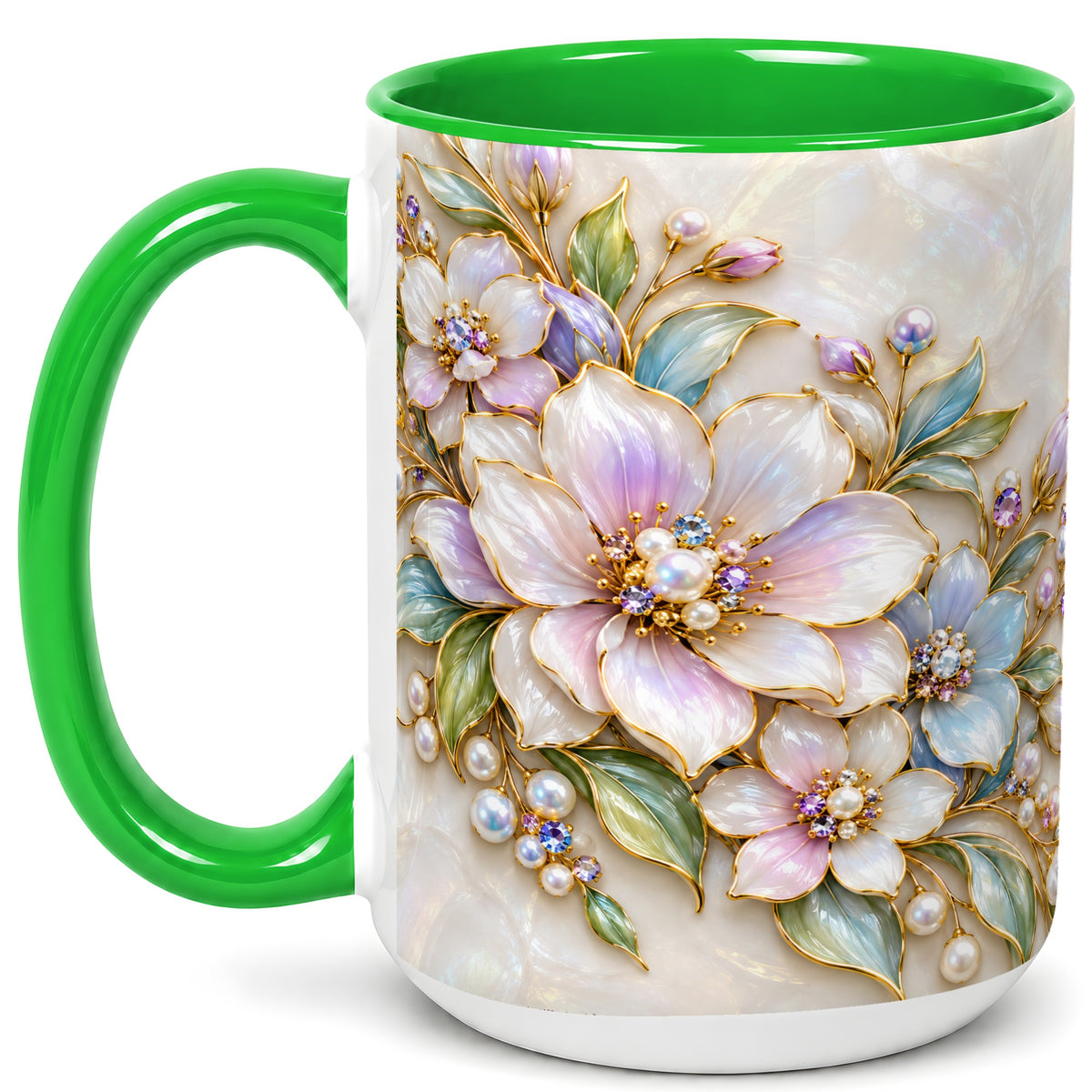 #pl[15oz|Green] Pastel Floral Coffee Mug, Pearl Blossom Mug, Ceramic Cup