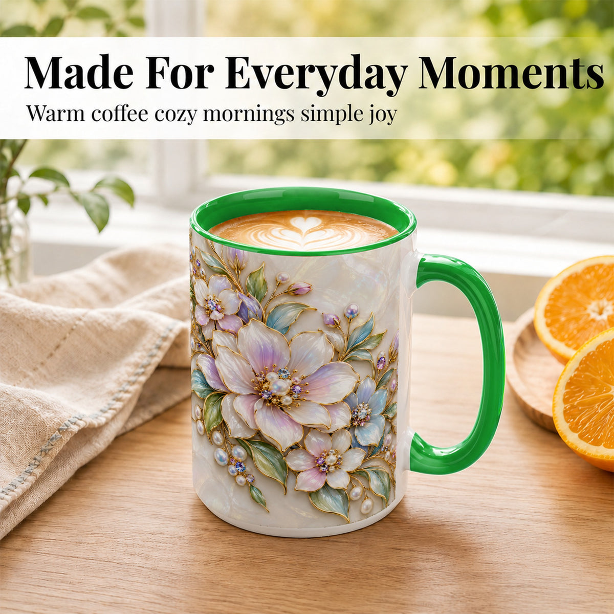 #pl[15oz|Green] Pastel Floral Coffee Mug, Pearl Blossom Mug, Ceramic Cup