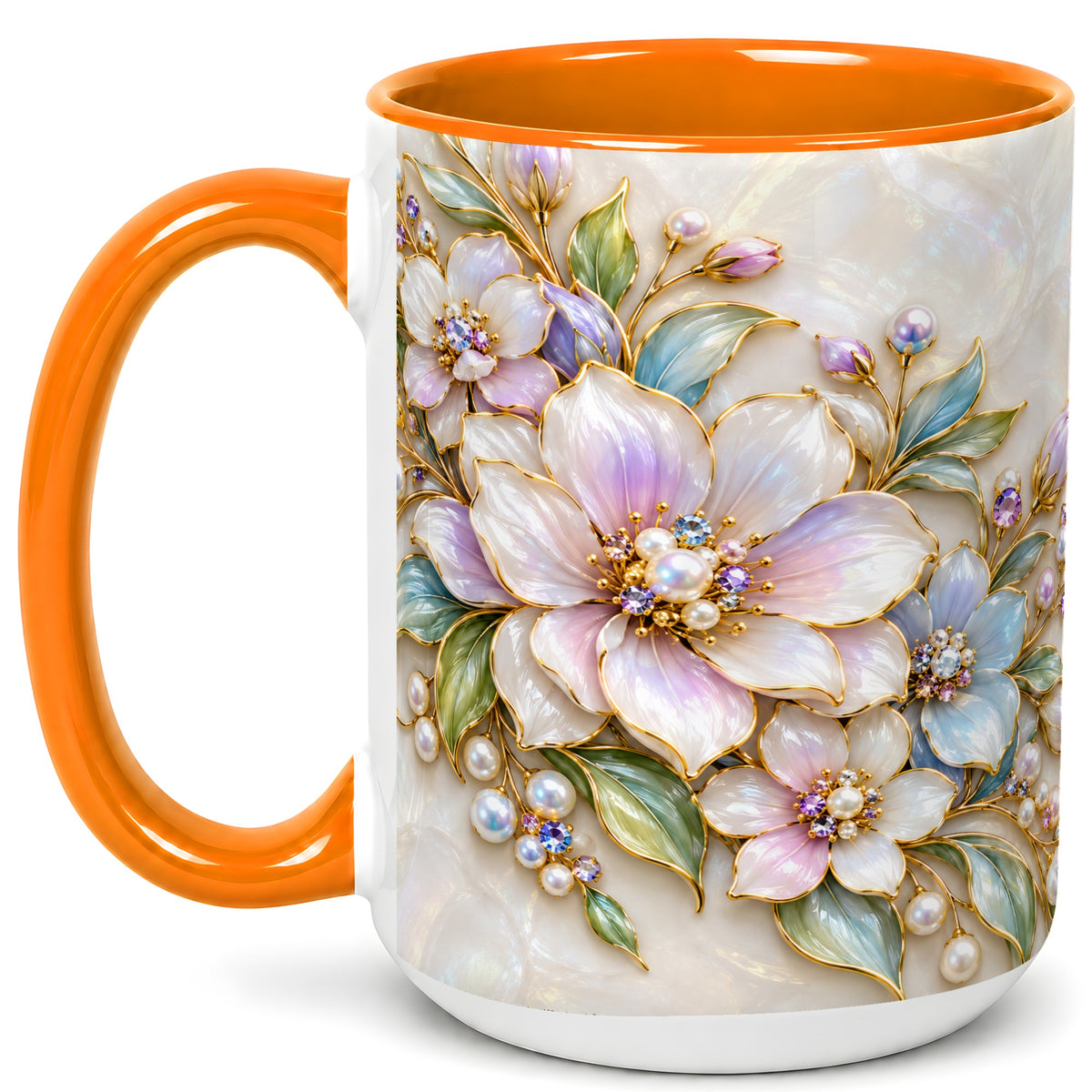 #pl[15oz|Orange] Pastel Floral Coffee Mug, Pearl Blossom Mug, Ceramic Cup