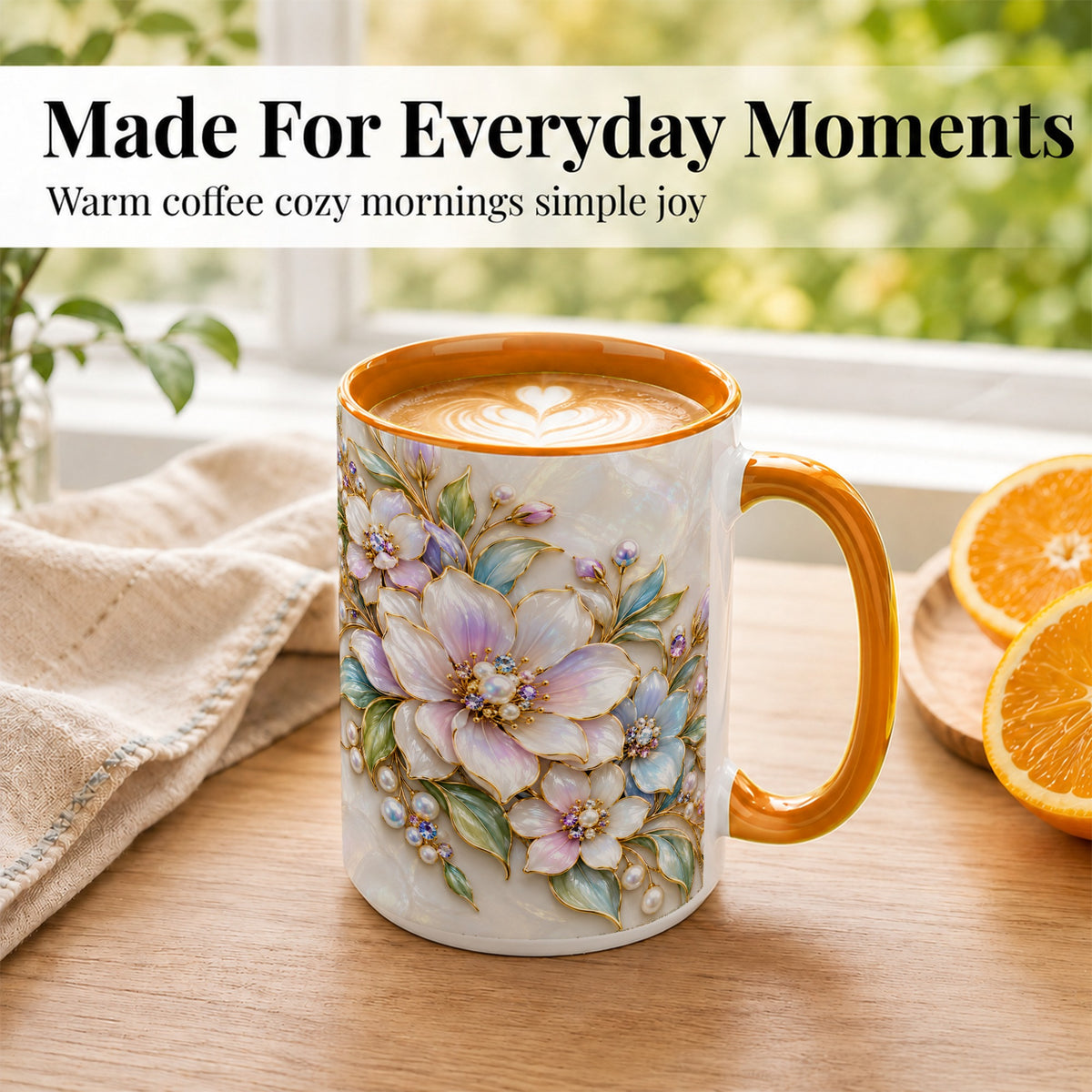 #pl[15oz|Orange] Pastel Floral Coffee Mug, Pearl Blossom Mug, Ceramic Cup